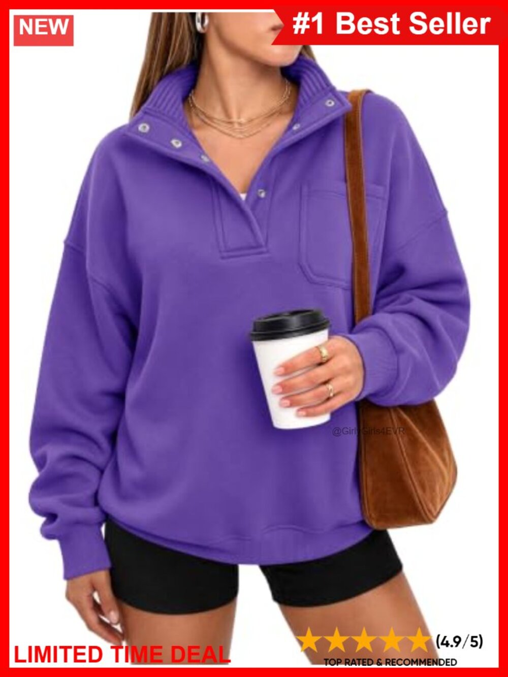 Oversized Henley Neck Sweatshirt Polyester Cotton Fleece Pullover